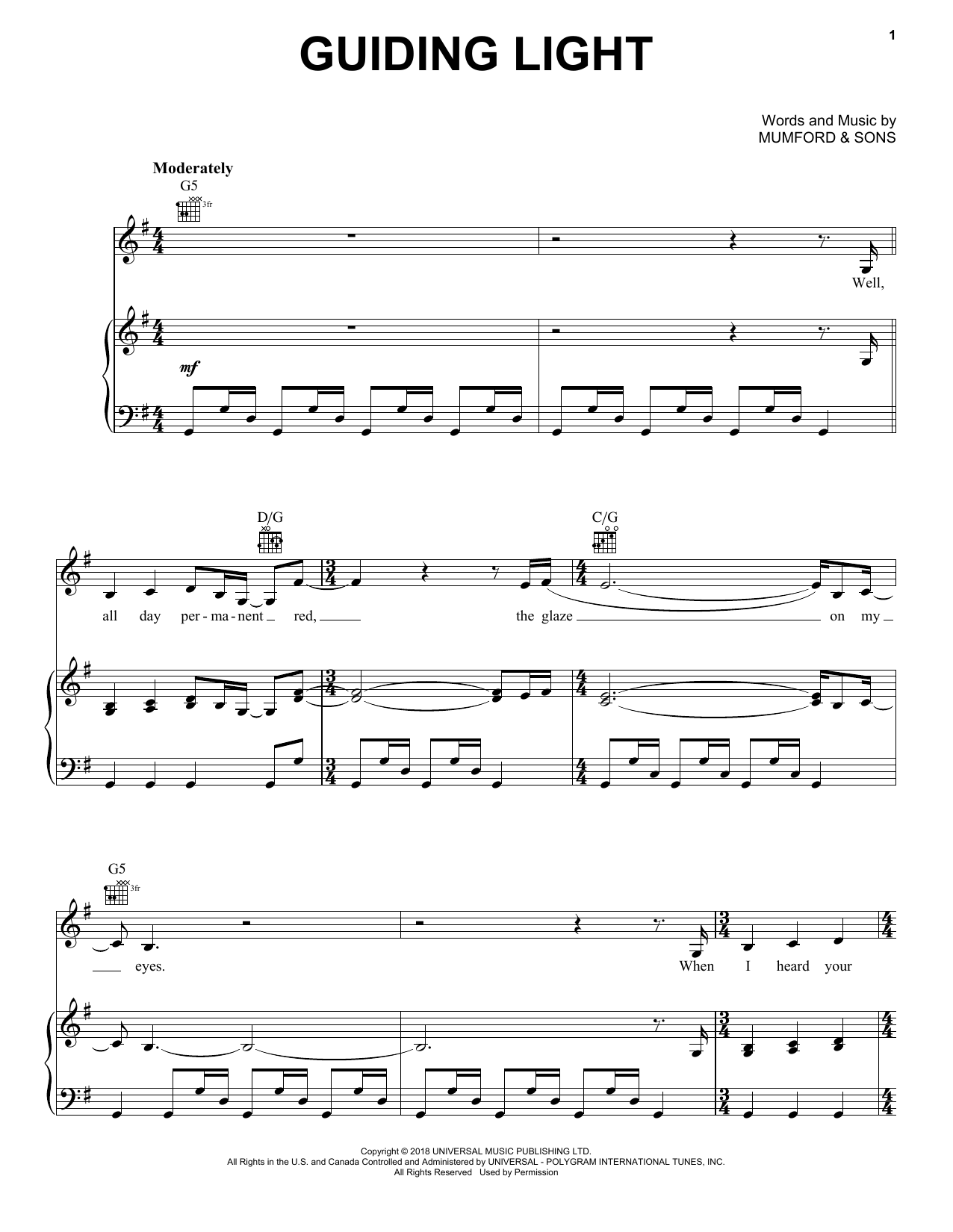 Mumford & Sons Guiding Light Sheet Music Notes & Chords for Easy Guitar Tab - Download or Print PDF