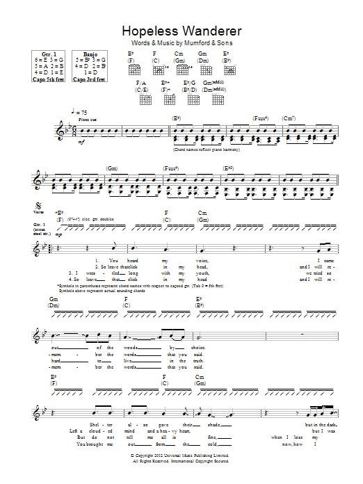 Mumford & Sons Hopeless Wanderer Sheet Music Notes & Chords for Piano, Vocal & Guitar (Right-Hand Melody) - Download or Print PDF