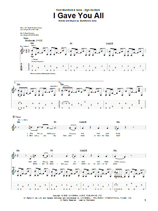 Mumford & Sons I Gave You All Sheet Music Notes & Chords for Piano, Vocal & Guitar (Right-Hand Melody) - Download or Print PDF