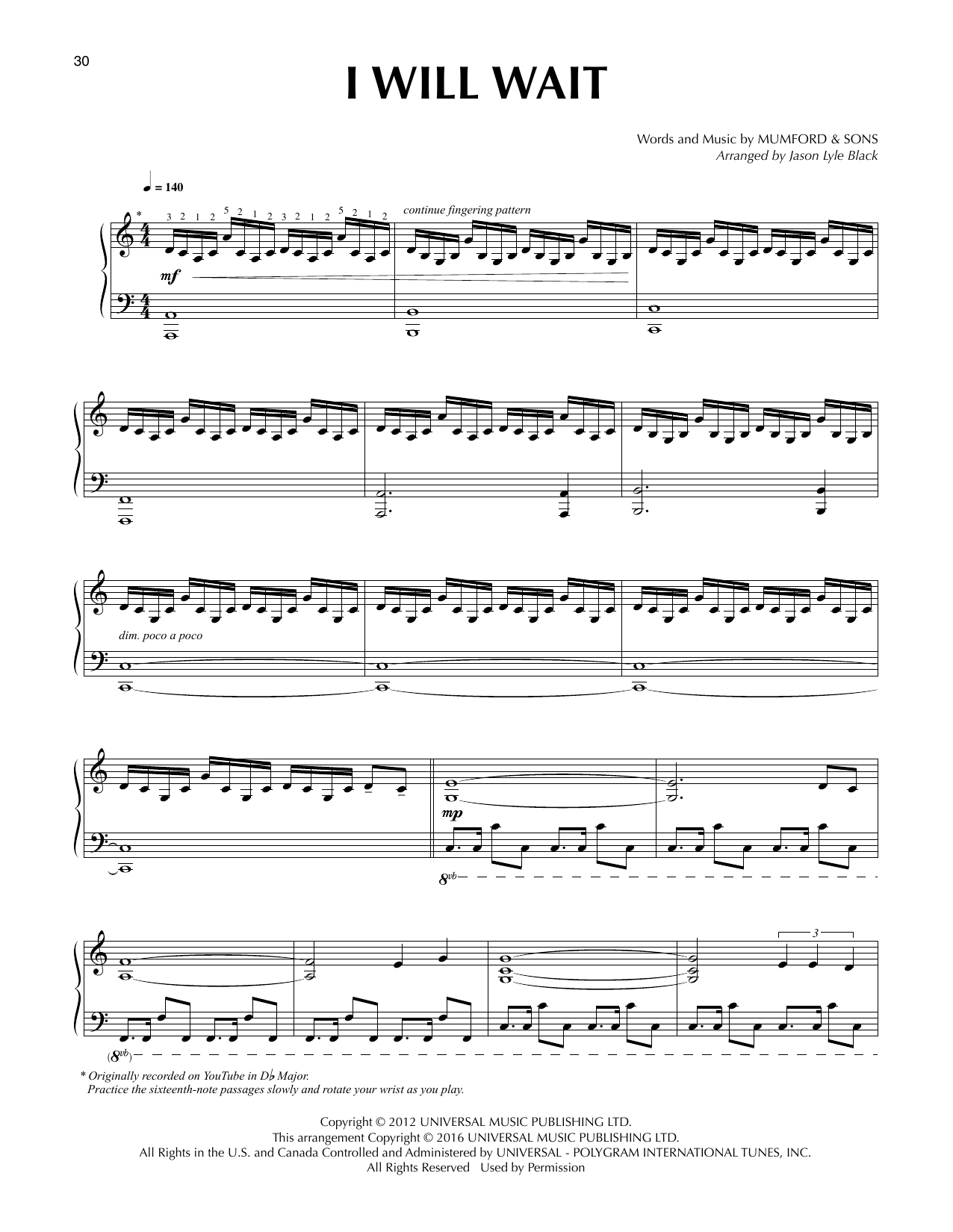 Mumford & Sons I Will Wait (arr. Jason Lyle Black) Sheet Music Notes & Chords for Piano - Download or Print PDF