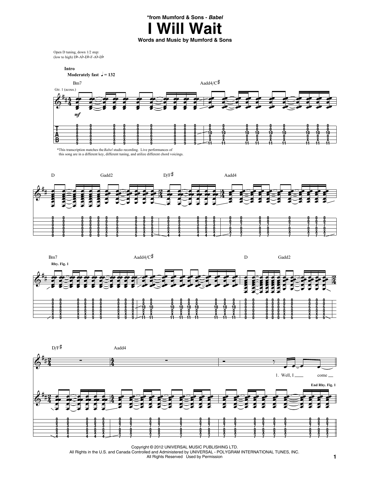 Mumford & Sons I Will Wait Sheet Music Notes & Chords for Guitar Tab - Download or Print PDF