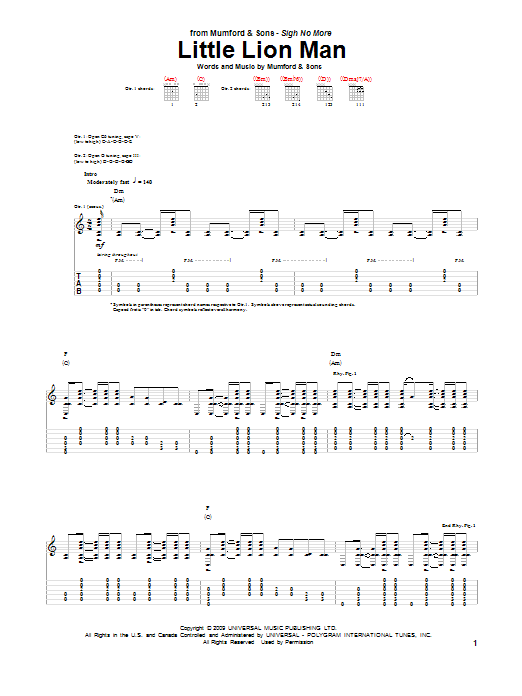 Mumford & Sons Little Lion Man Sheet Music Notes & Chords for Lyrics & Chords - Download or Print PDF
