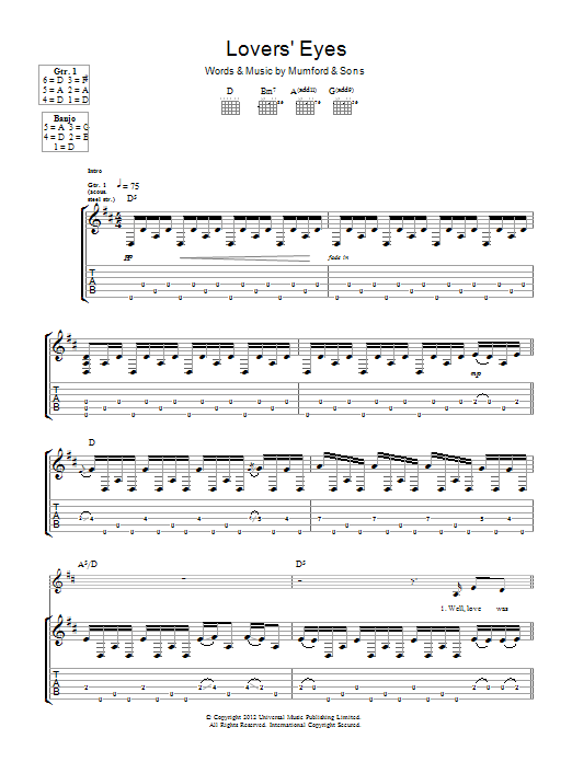 Mumford & Sons Lovers' Eyes Sheet Music Notes & Chords for Piano, Vocal & Guitar (Right-Hand Melody) - Download or Print PDF
