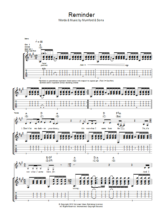 Mumford & Sons Reminder Sheet Music Notes & Chords for Guitar Tab - Download or Print PDF