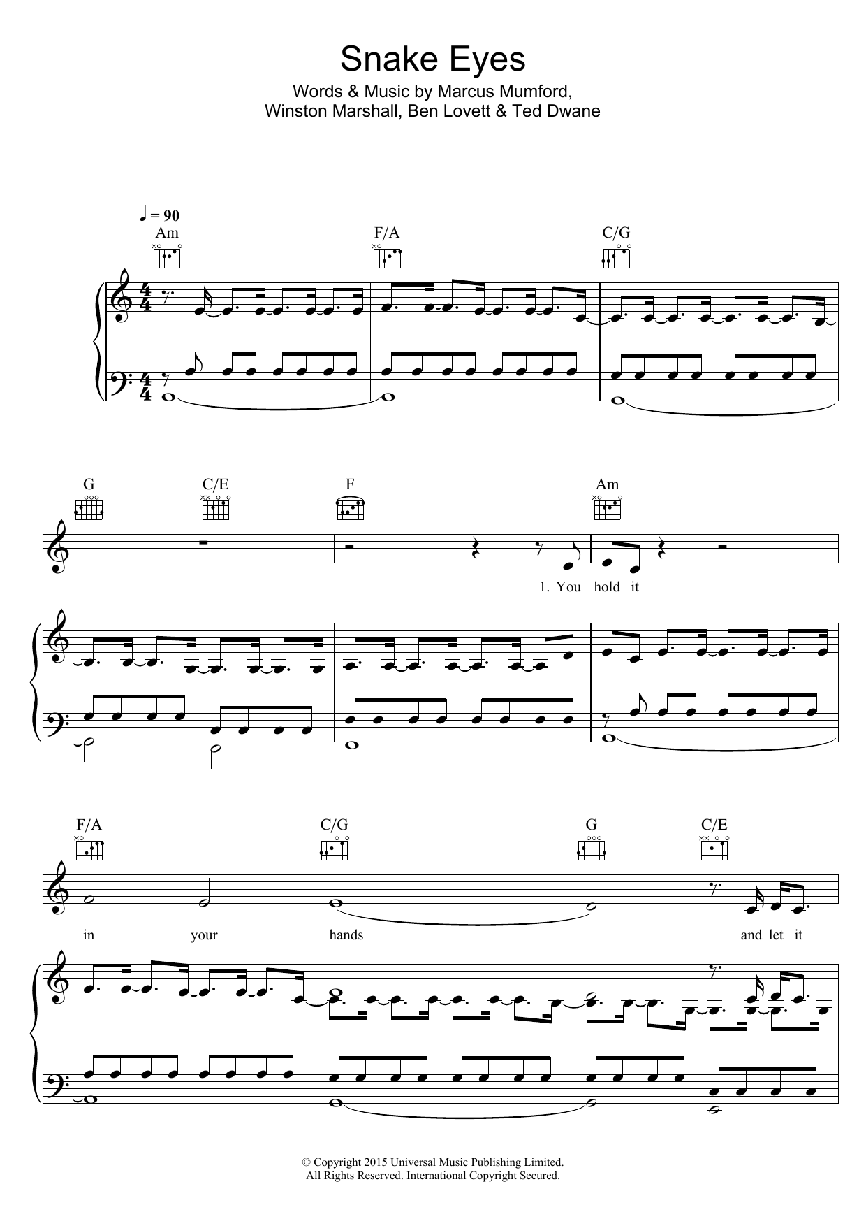 Mumford & Sons Snake Eyes Sheet Music Notes & Chords for Piano, Vocal & Guitar (Right-Hand Melody) - Download or Print PDF