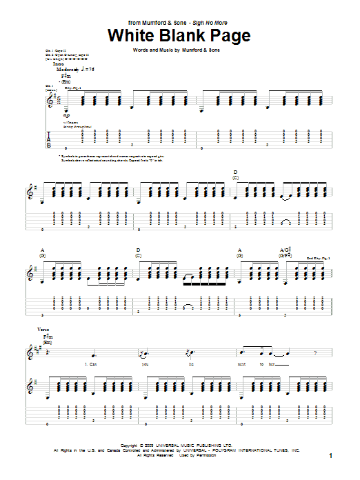 Mumford & Sons White Blank Page Sheet Music Notes & Chords for Piano, Vocal & Guitar (Right-Hand Melody) - Download or Print PDF