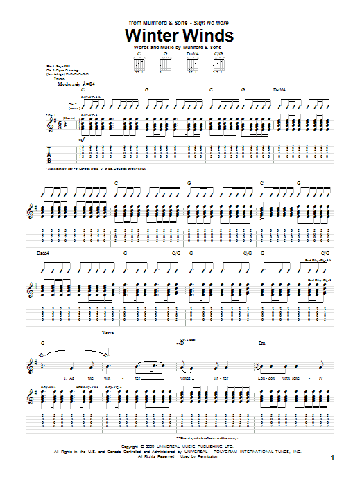 Mumford & Sons Winter Winds Sheet Music Notes & Chords for Piano, Vocal & Guitar (Right-Hand Melody) - Download or Print PDF