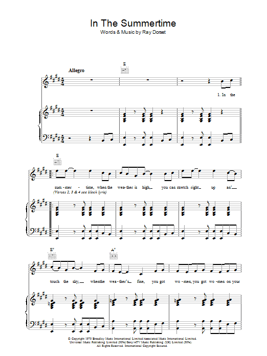 Mungo Jerry In The Summertime Sheet Music Notes & Chords for Piano, Vocal & Guitar - Download or Print PDF