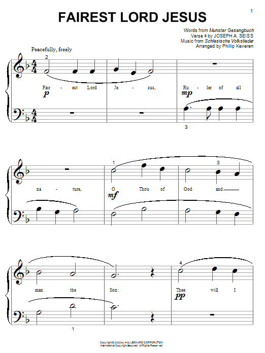 Munster Gesangbuch Fairest Lord Jesus Sheet Music Notes & Chords for Piano (Big Notes) - Download or Print PDF