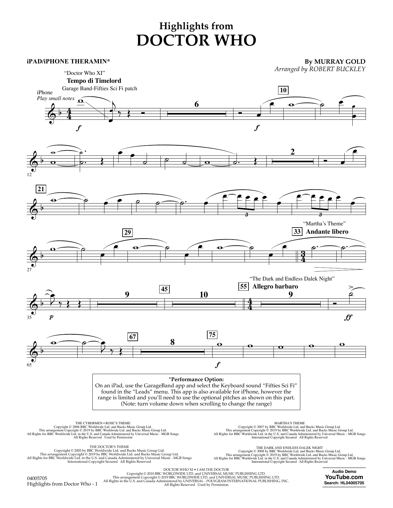 Murray Gold Highlights from Doctor Who (arr. Robert Buckley) - iPad/iPhone Theramin Sheet Music Notes & Chords for Flex-Band - Download or Print PDF