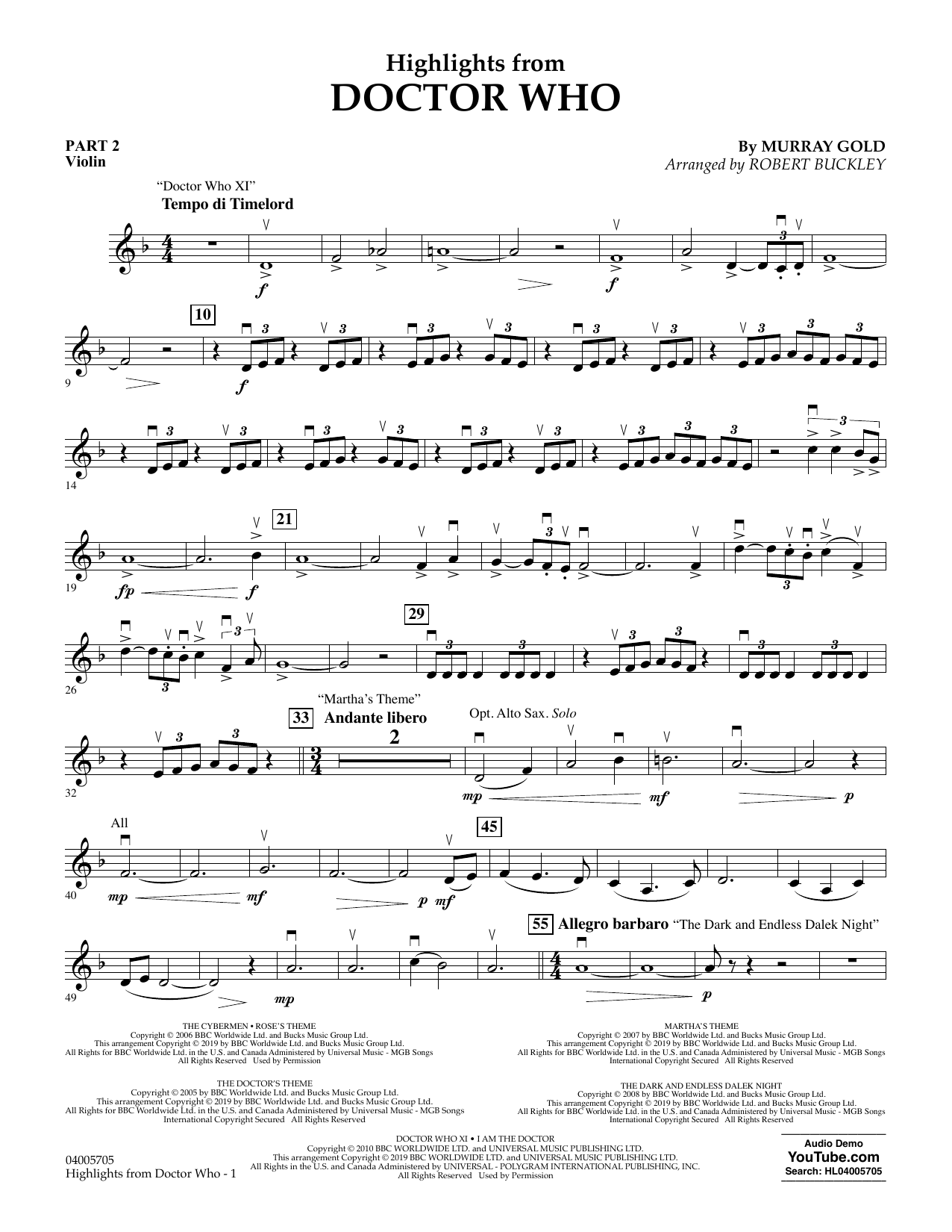 Murray Gold Highlights from Doctor Who (arr. Robert Buckley) - Pt.2 - Violin Sheet Music Notes & Chords for Flex-Band - Download or Print PDF