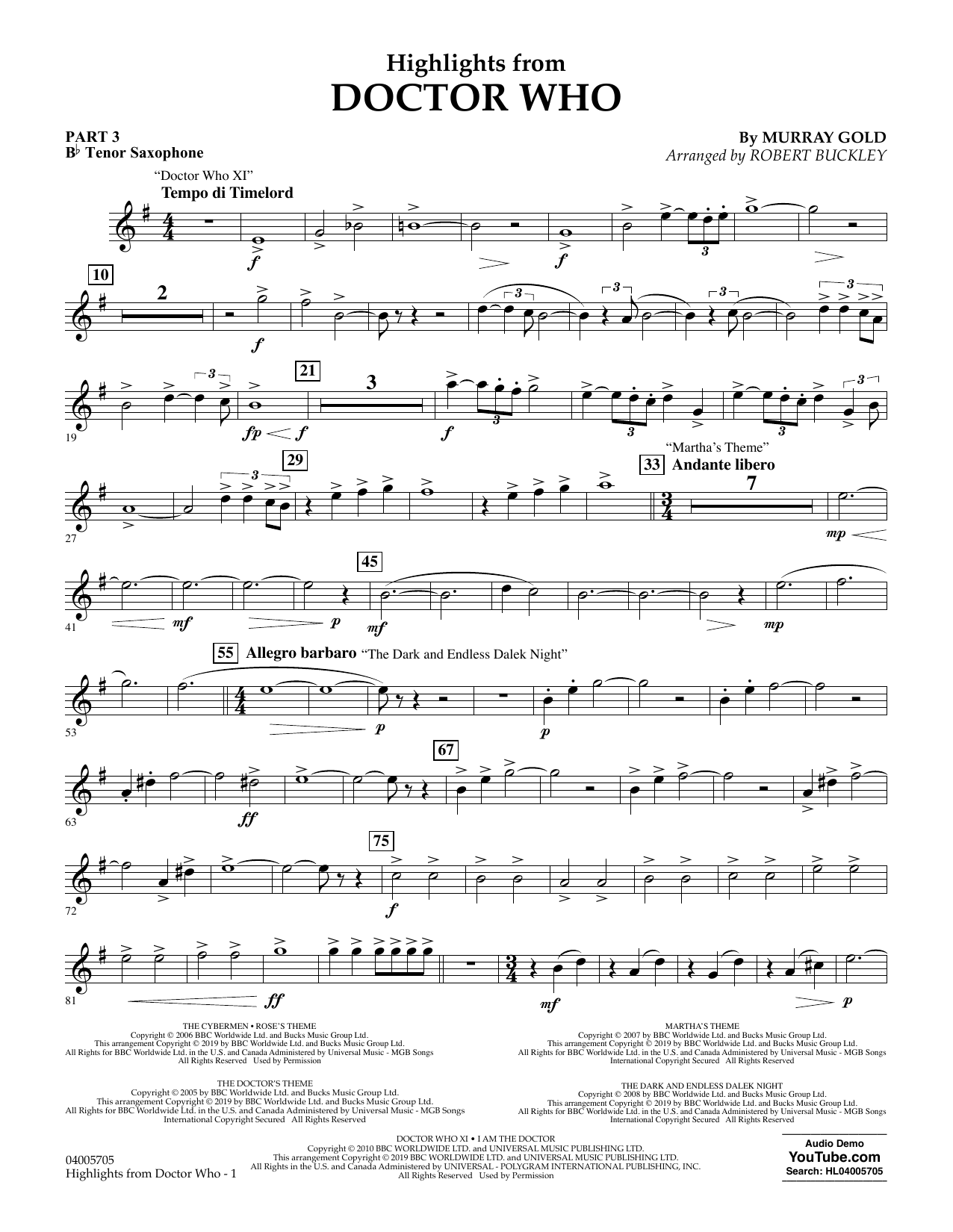 Murray Gold Highlights from Doctor Who (arr. Robert Buckley) - Pt.3 - Bb Tenor Saxophone Sheet Music Notes & Chords for Flex-Band - Download or Print PDF