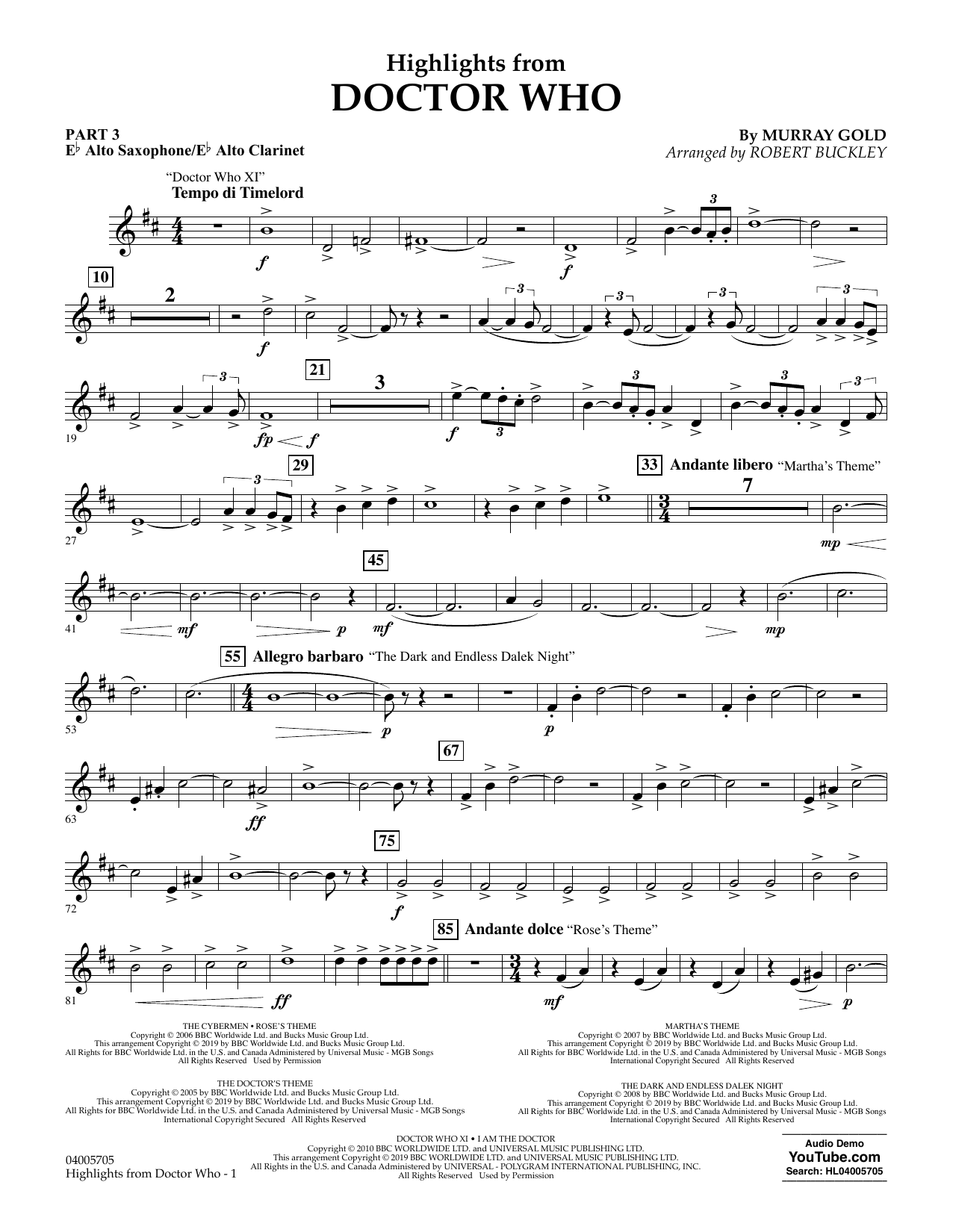 Murray Gold Highlights from Doctor Who (arr. Robert Buckley) - Pt.3 - Eb Alto Sax/Alto Clar. Sheet Music Notes & Chords for Flex-Band - Download or Print PDF