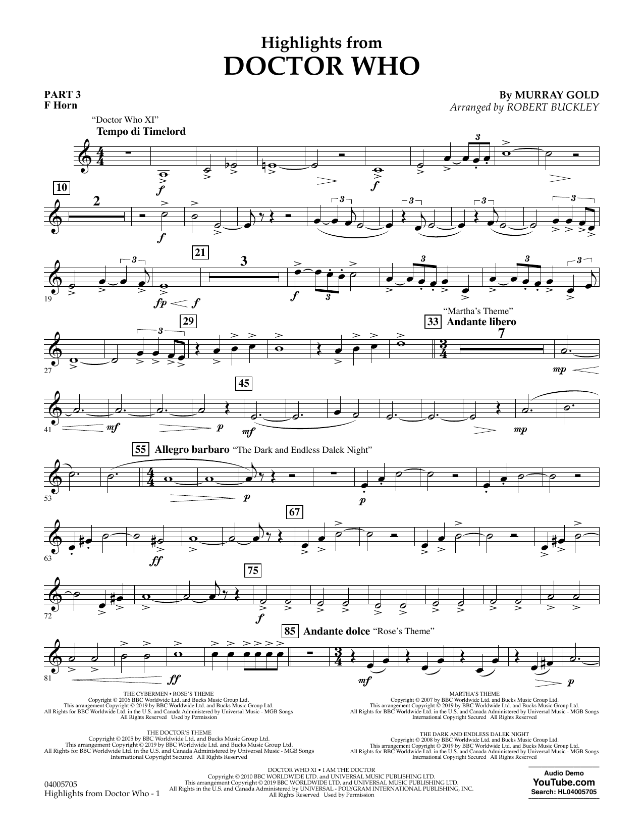 Murray Gold Highlights from Doctor Who (arr. Robert Buckley) - Pt.3 - F Horn Sheet Music Notes & Chords for Flex-Band - Download or Print PDF