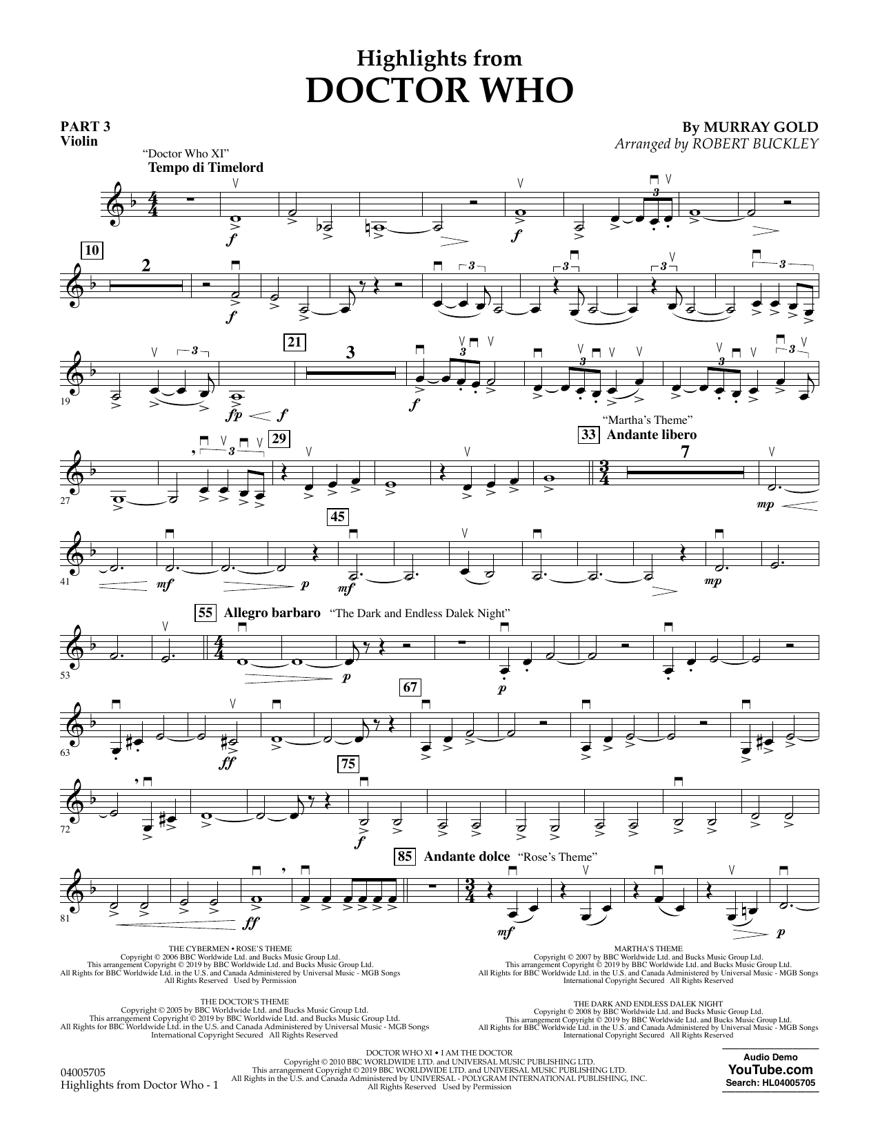 Murray Gold Highlights from Doctor Who (arr. Robert Buckley) - Pt.3 - Violin Sheet Music Notes & Chords for Flex-Band - Download or Print PDF