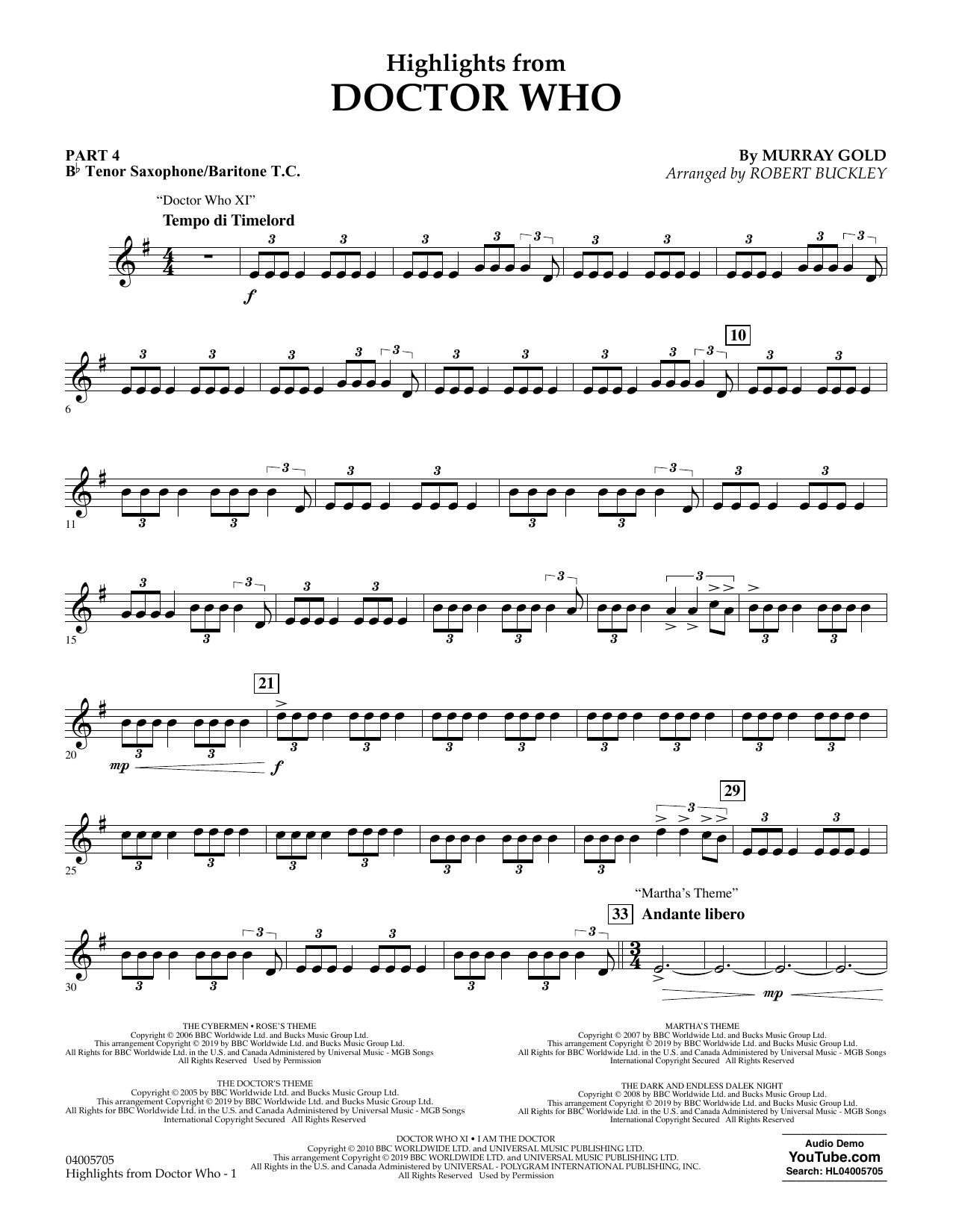 Murray Gold Highlights from Doctor Who (arr. Robert Buckley) - Pt.4 - Bb Tenor Sax/Bar. T.C. Sheet Music Notes & Chords for Flex-Band - Download or Print PDF