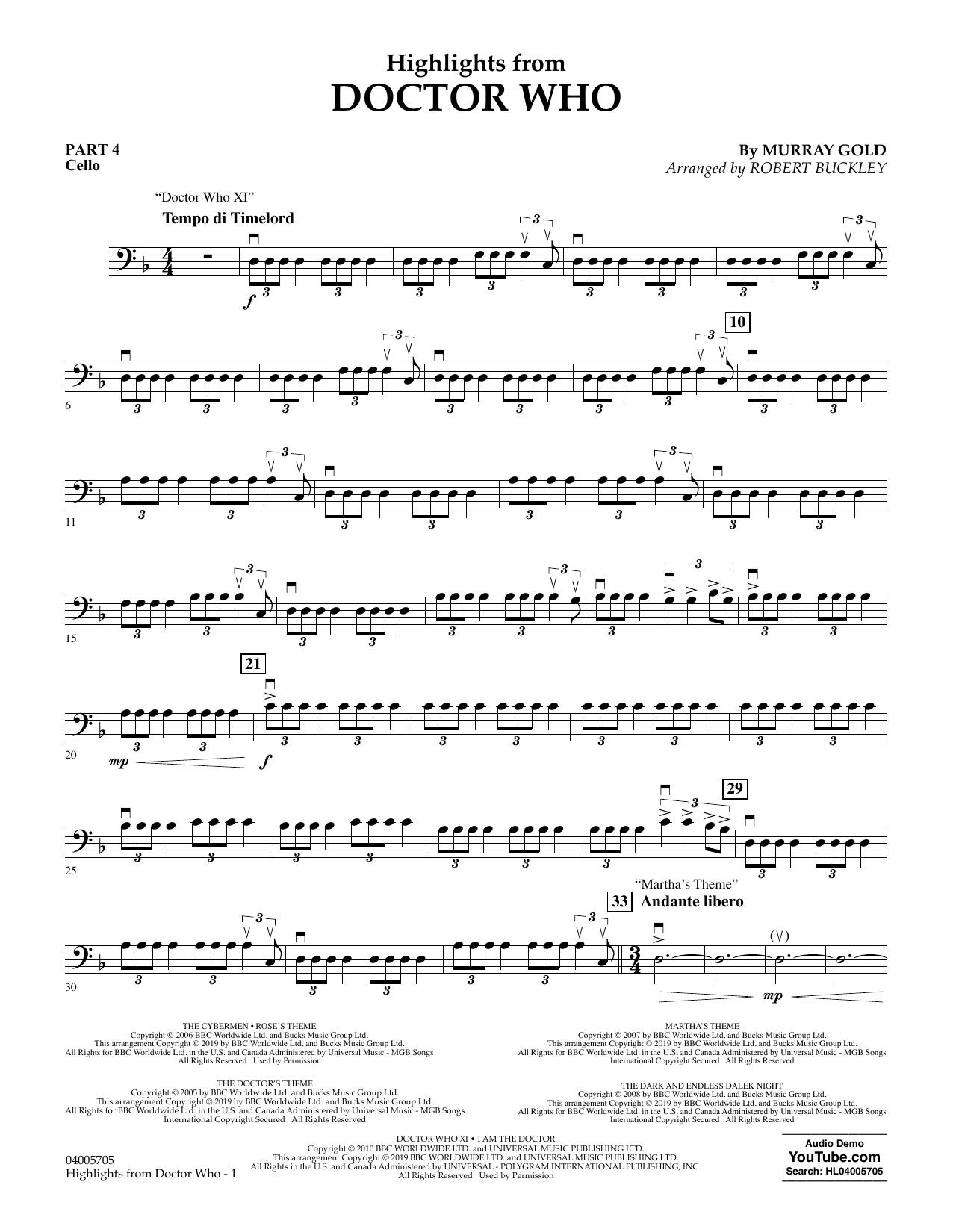 Murray Gold Highlights from Doctor Who (arr. Robert Buckley) - Pt.4 - Cello Sheet Music Notes & Chords for Flex-Band - Download or Print PDF