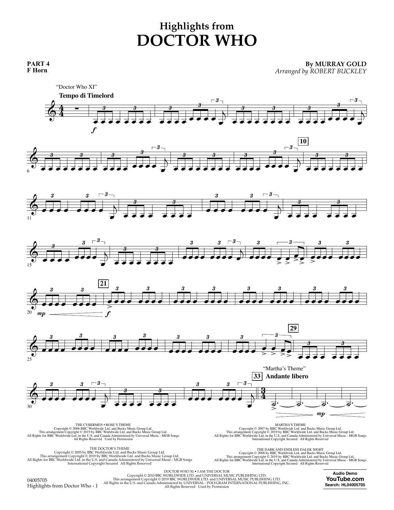 Murray Gold Highlights from Doctor Who (arr. Robert Buckley) - Pt.4 - F Horn Sheet Music Notes & Chords for Flex-Band - Download or Print PDF