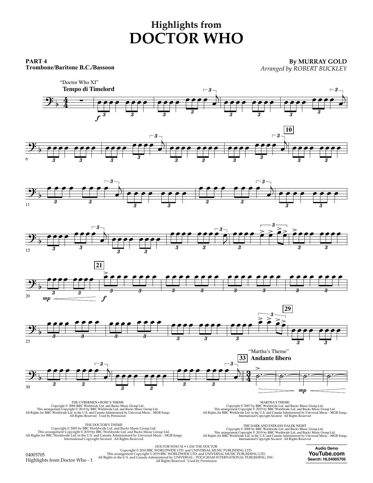 Murray Gold Highlights from Doctor Who (arr. Robert Buckley) - Pt.4 - Trombone/Bar. B.C./Bsn. Sheet Music Notes & Chords for Flex-Band - Download or Print PDF