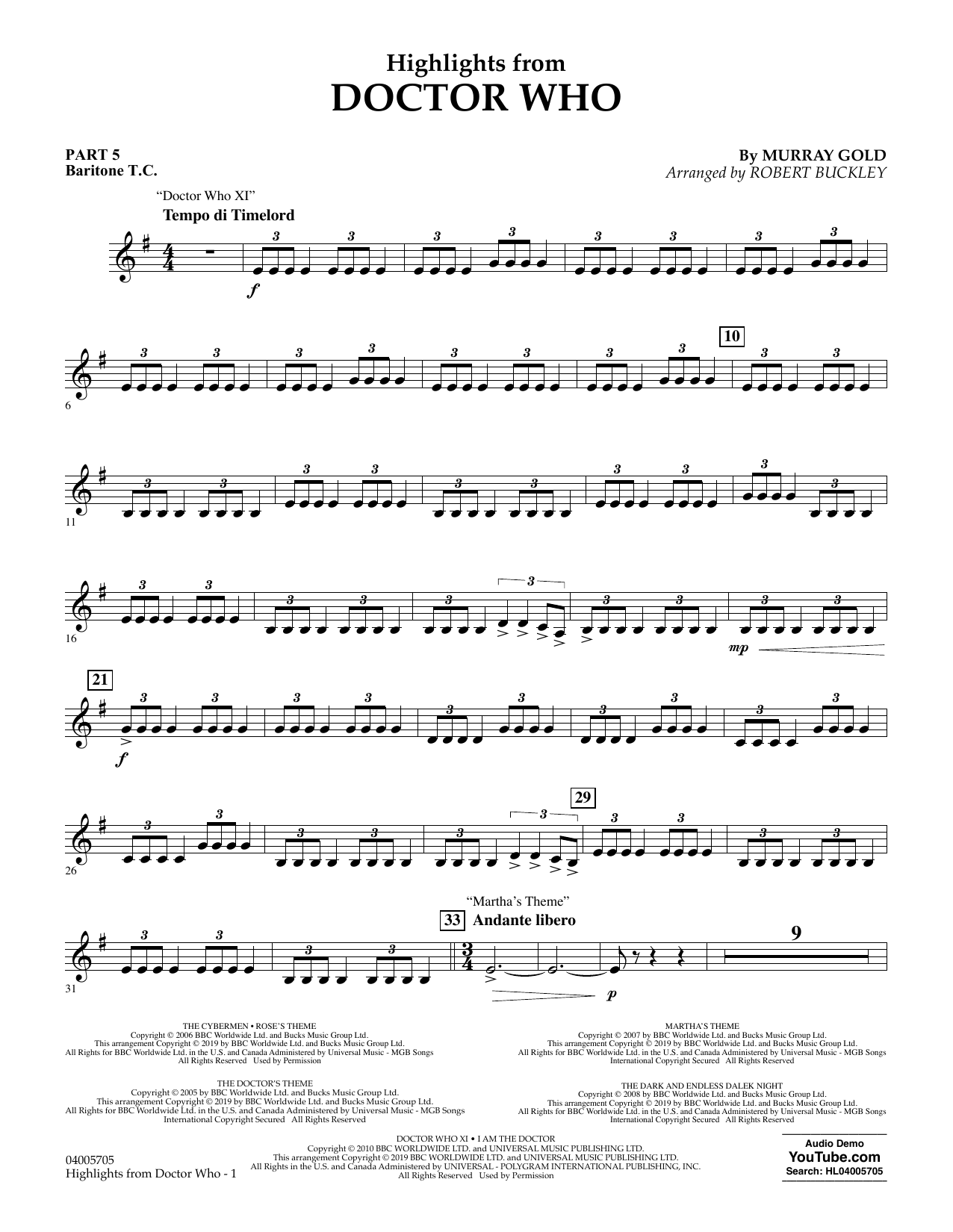 Murray Gold Highlights from Doctor Who (arr. Robert Buckley) - Pt.5 - Baritone T.C. Sheet Music Notes & Chords for Flex-Band - Download or Print PDF