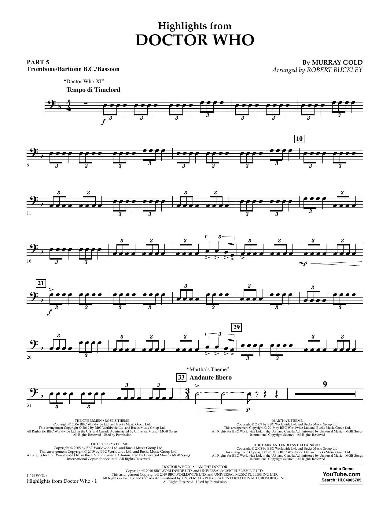 Murray Gold Highlights from Doctor Who (arr. Robert Buckley) - Pt.5 - Trombone/Bar. B.C./Bsn. Sheet Music Notes & Chords for Flex-Band - Download or Print PDF