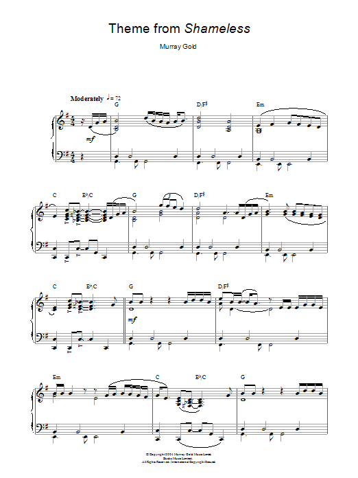 Murray Gold Theme from Shameless Sheet Music Notes & Chords for Piano - Download or Print PDF