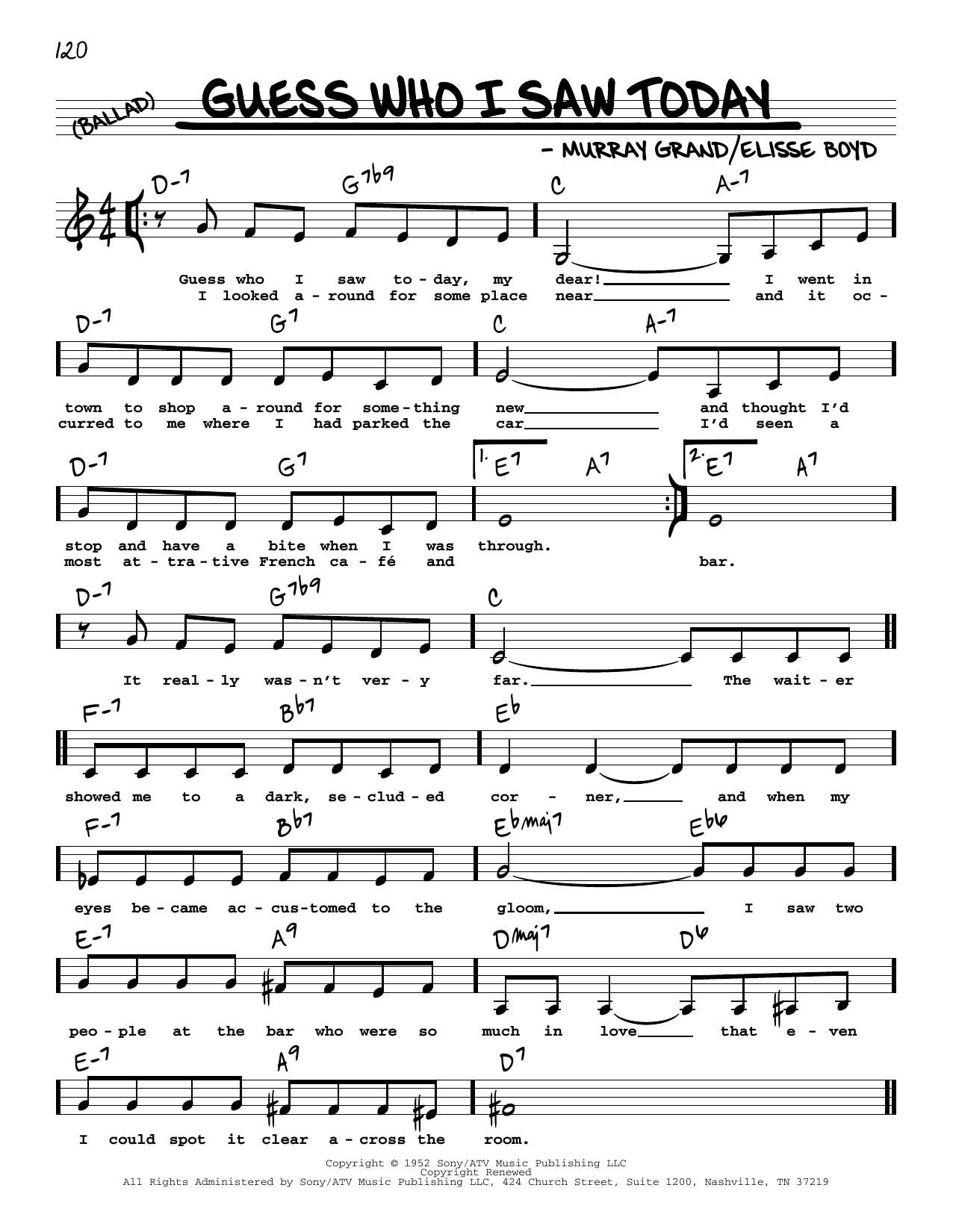 Murray Grand and Elisse Boyd Guess Who I Saw Today (Low Voice) Sheet Music Notes & Chords for Real Book – Melody, Lyrics & Chords - Download or Print PDF