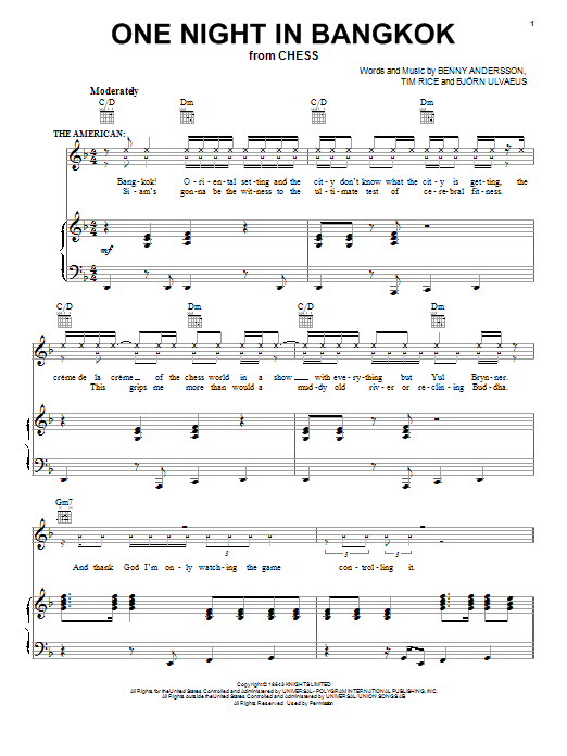 Murray Head One Night In Bangkok Sheet Music Notes & Chords for Melody Line, Lyrics & Chords - Download or Print PDF