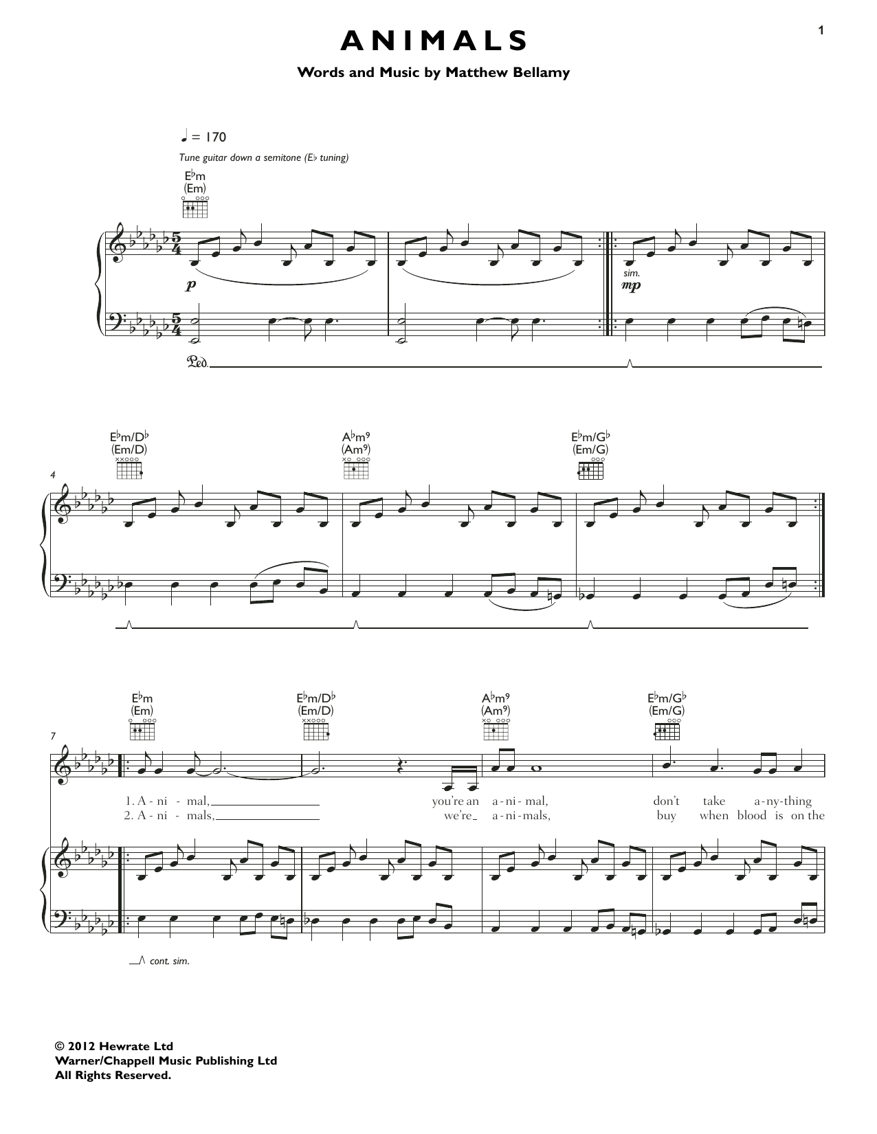 Muse Animals Sheet Music Notes & Chords for Piano, Vocal & Guitar (Right-Hand Melody) - Download or Print PDF