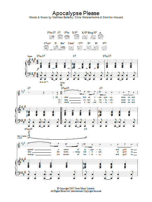 Muse Apocalypse Please Sheet Music Notes & Chords for Guitar Chords/Lyrics - Download or Print PDF