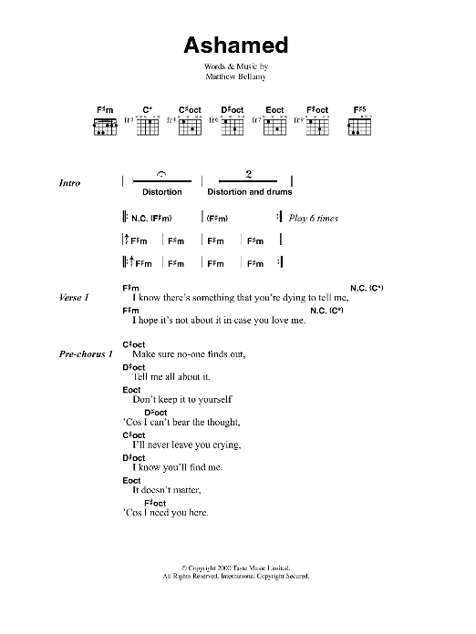 Muse Ashamed Sheet Music Notes & Chords for Guitar Tab - Download or Print PDF