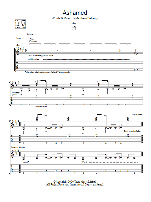 Muse Ashamed Sheet Music Notes & Chords for Guitar Tab - Download or Print PDF
