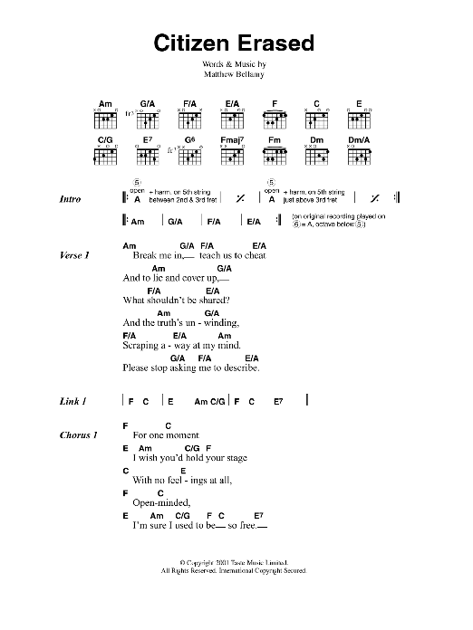 Muse Citizen Erased Sheet Music Notes & Chords for Guitar Chords/Lyrics - Download or Print PDF