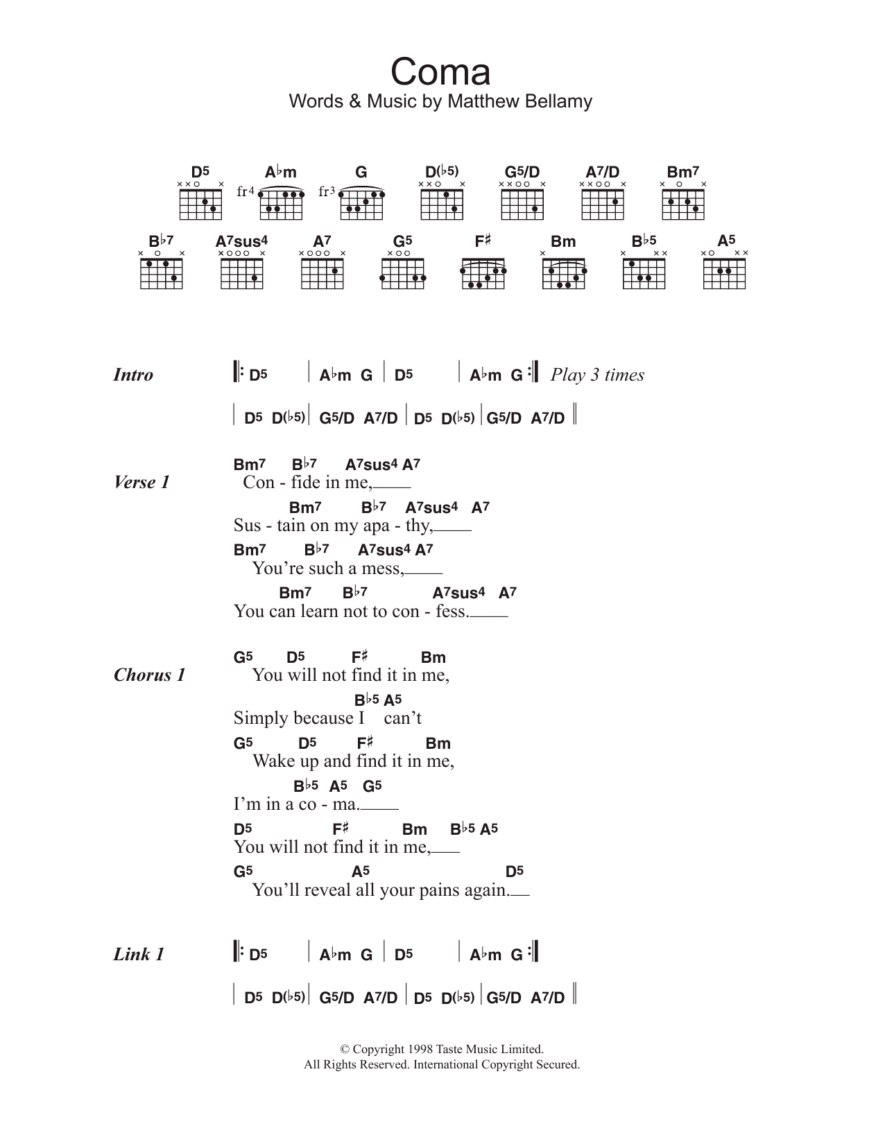 Muse Coma Sheet Music Notes & Chords for Guitar Chords/Lyrics - Download or Print PDF