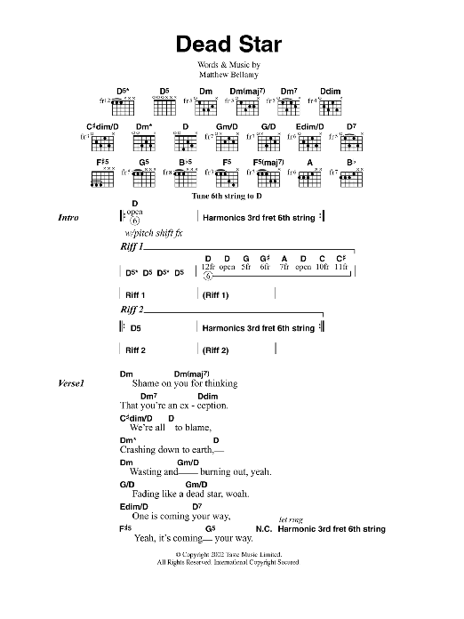 Muse Dead Star Sheet Music Notes & Chords for Guitar Chords/Lyrics - Download or Print PDF