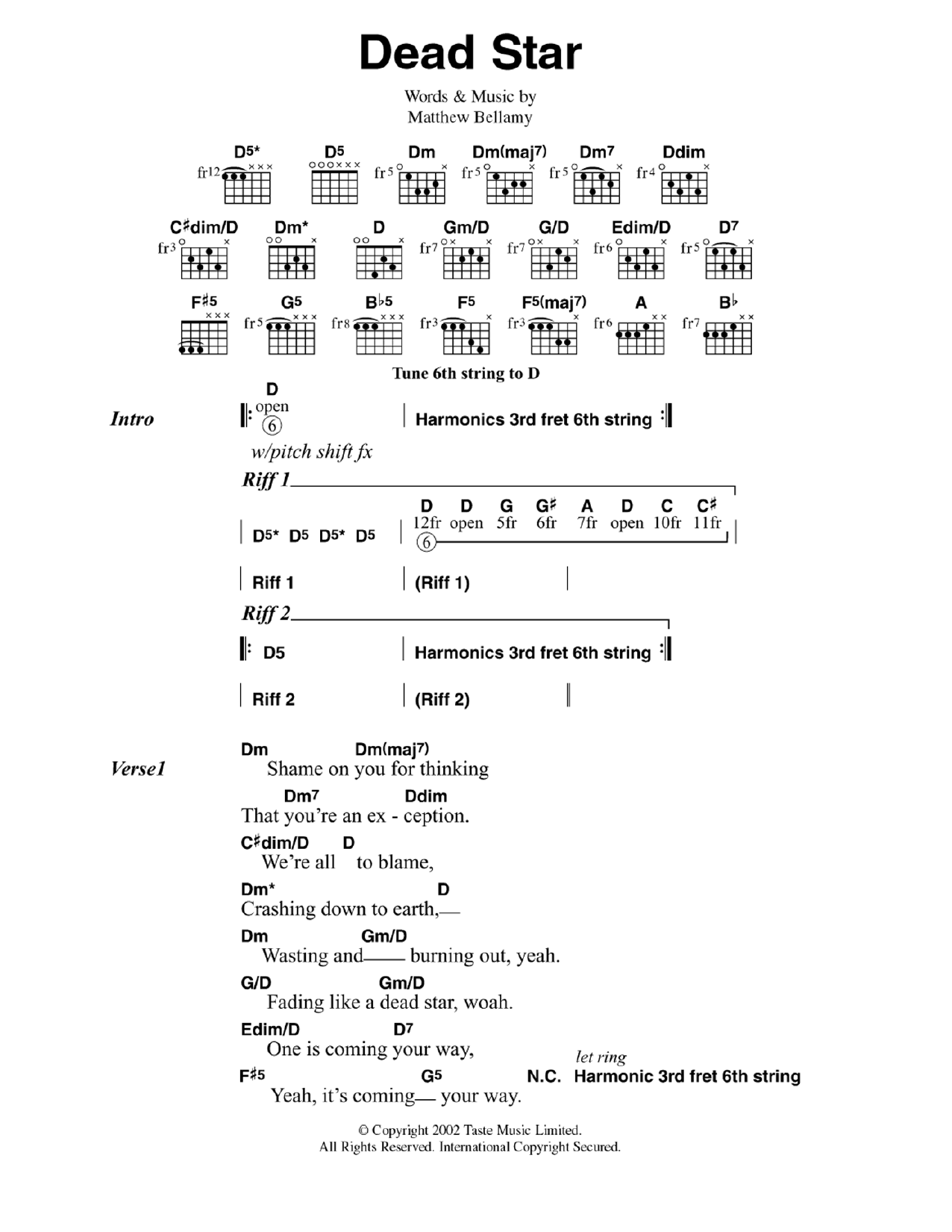 Muse Dead Star Sheet Music Notes & Chords for Guitar Chords/Lyrics - Download or Print PDF