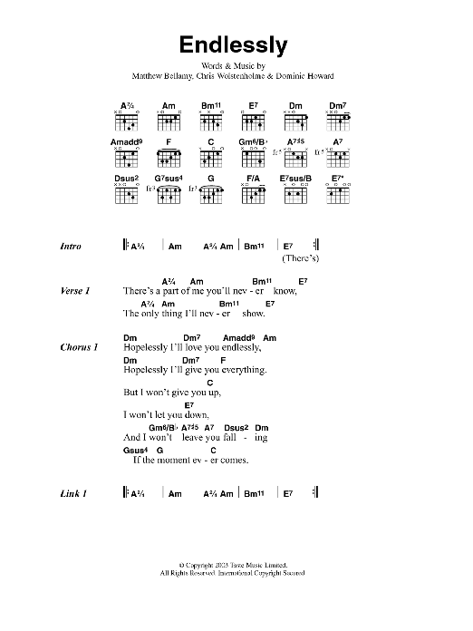 Muse Endlessly Sheet Music Notes & Chords for Piano, Vocal & Guitar (Right-Hand Melody) - Download or Print PDF