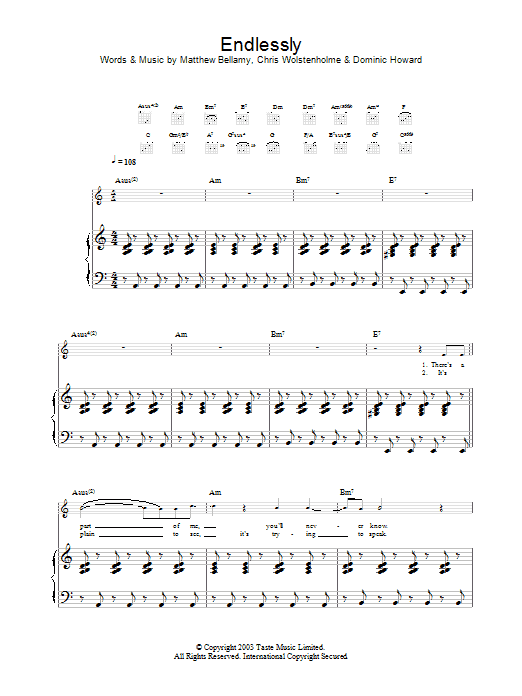 Muse Endlessly Sheet Music Notes & Chords for Piano, Vocal & Guitar (Right-Hand Melody) - Download or Print PDF