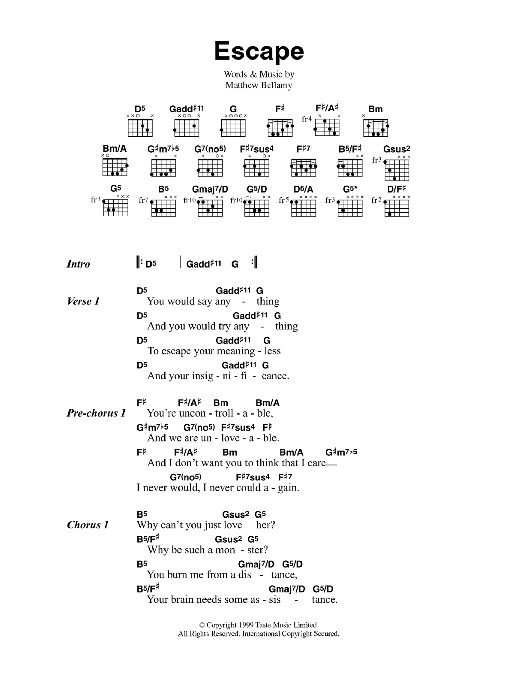 Muse Escape Sheet Music Notes & Chords for Guitar Chords/Lyrics - Download or Print PDF