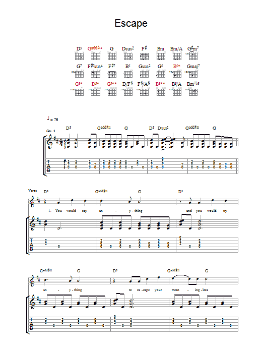 Muse Escape Sheet Music Notes & Chords for Guitar Tab - Download or Print PDF