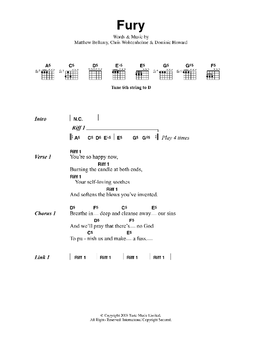 Muse Fury Sheet Music Notes & Chords for Guitar Chords/Lyrics - Download or Print PDF