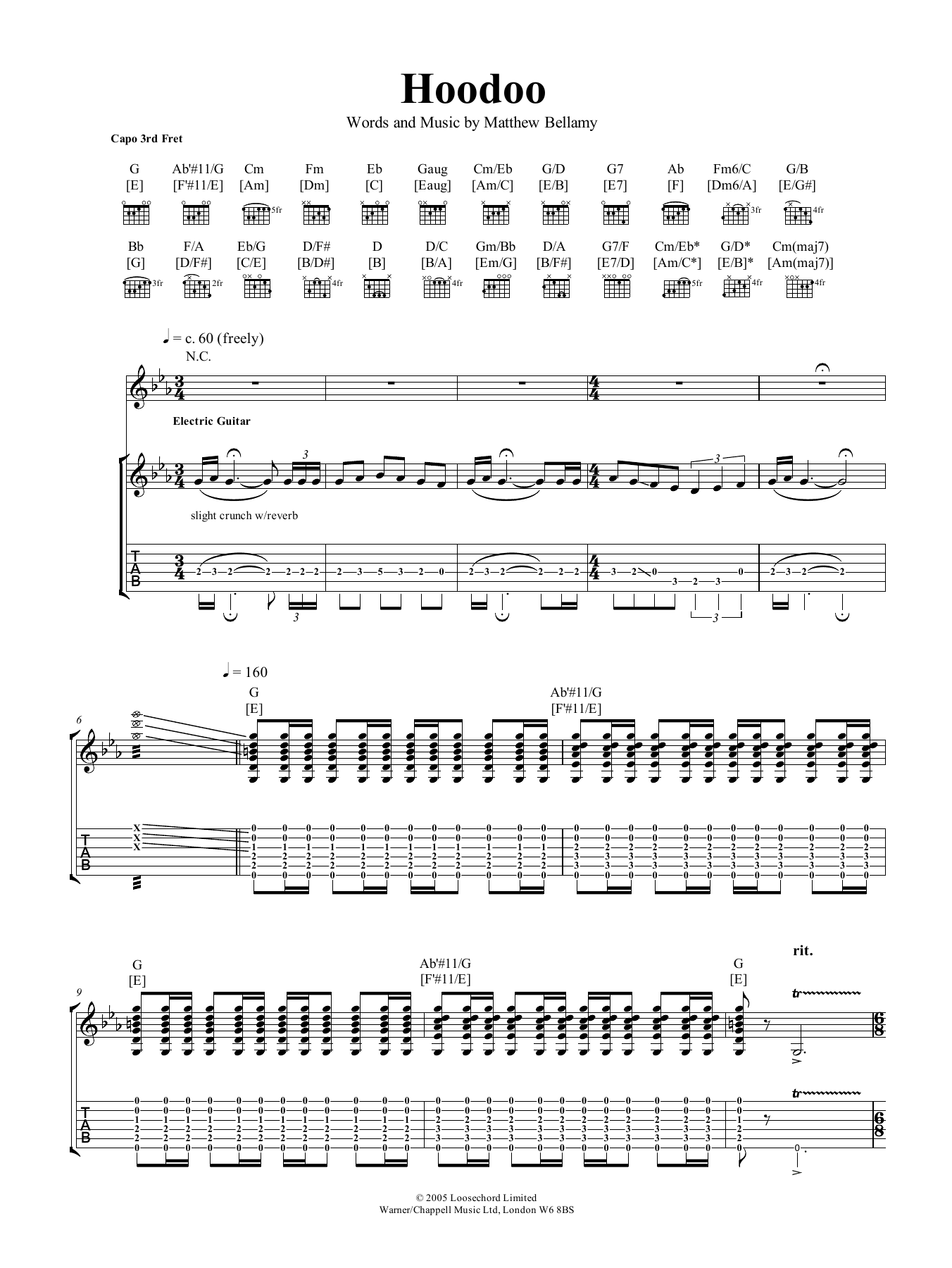 Muse Hoodoo Sheet Music Notes & Chords for Guitar Tab - Download or Print PDF