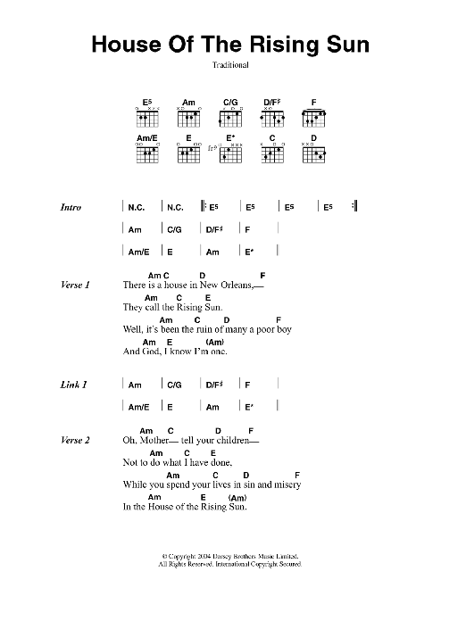 Muse House Of The Rising Sun Sheet Music Notes & Chords for Guitar Chords/Lyrics - Download or Print PDF