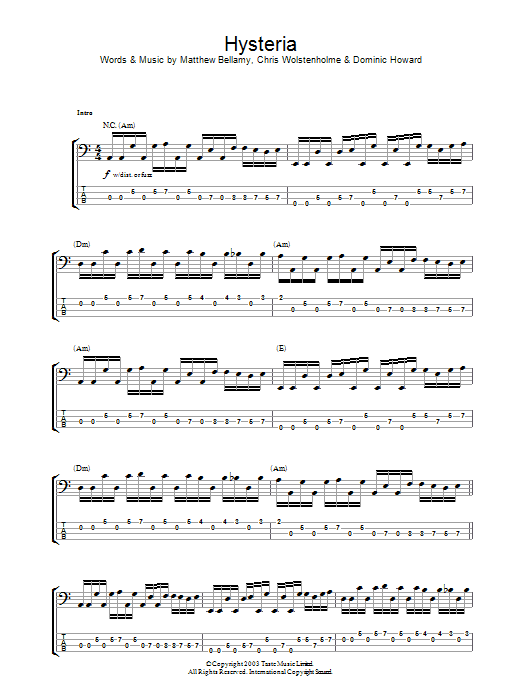 Muse Hysteria Sheet Music Notes & Chords for Bass Guitar Tab - Download or Print PDF