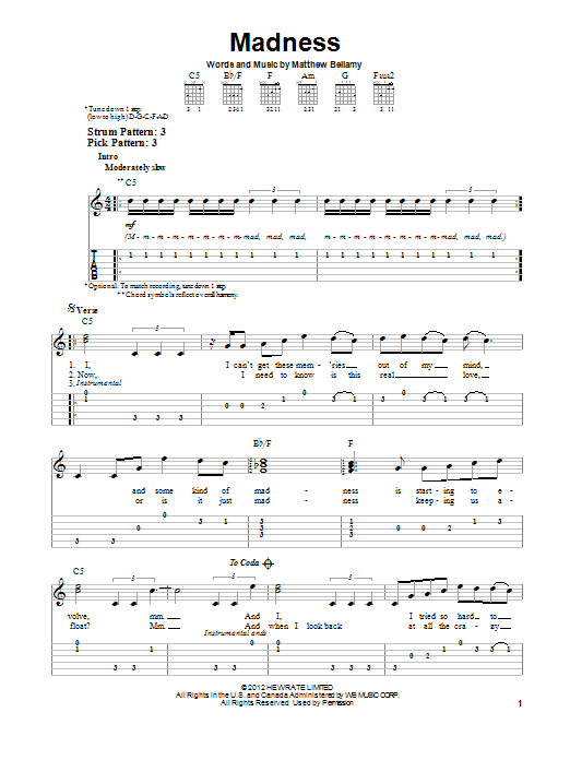 Muse Madness Sheet Music Notes & Chords for Easy Guitar Tab - Download or Print PDF