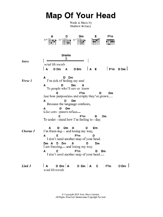 Muse Map Of Your Head Sheet Music Notes & Chords for Guitar Chords/Lyrics - Download or Print PDF