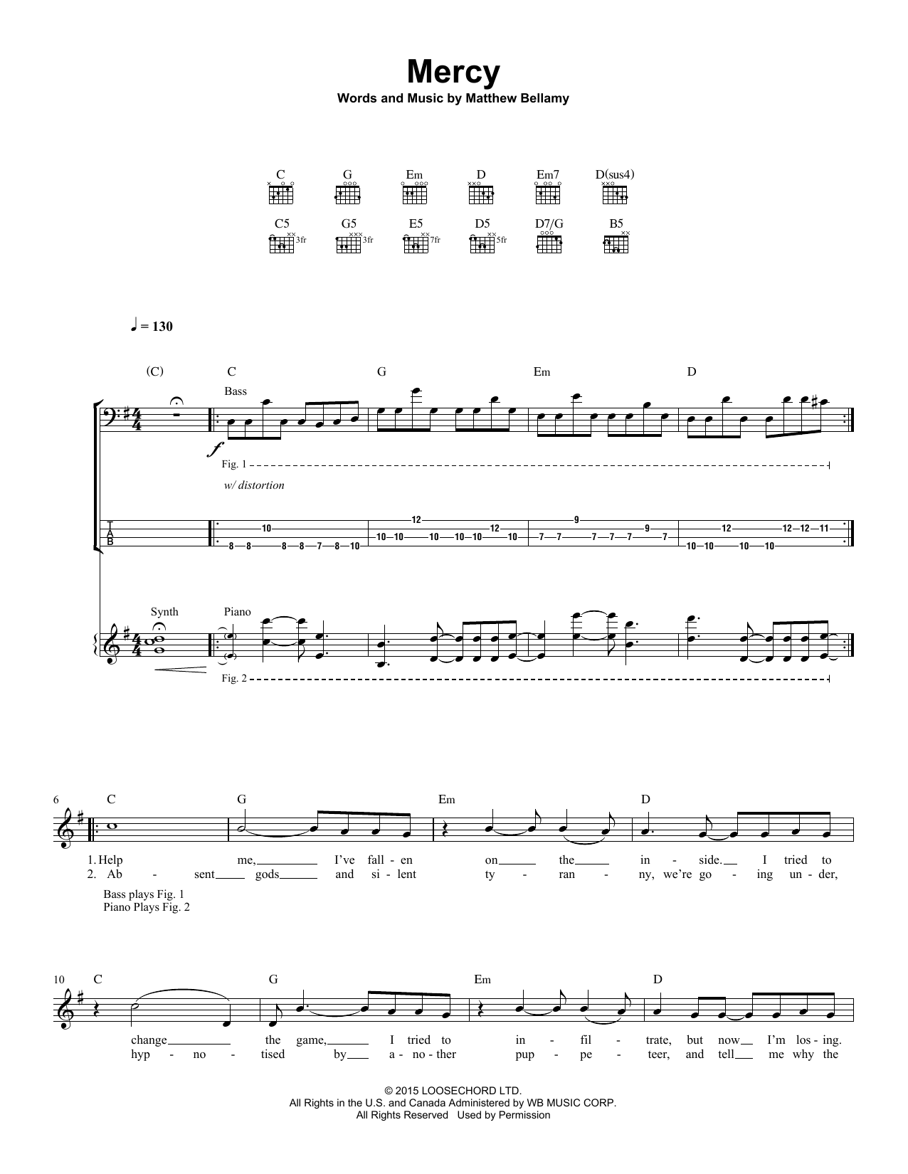 Muse Mercy Sheet Music Notes & Chords for Guitar Tab - Download or Print PDF