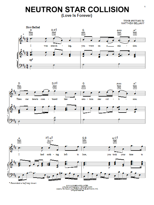 Muse Neutron Star Collision (Love Is Forever) Sheet Music Notes & Chords for Piano, Vocal & Guitar (Right-Hand Melody) - Download or Print PDF