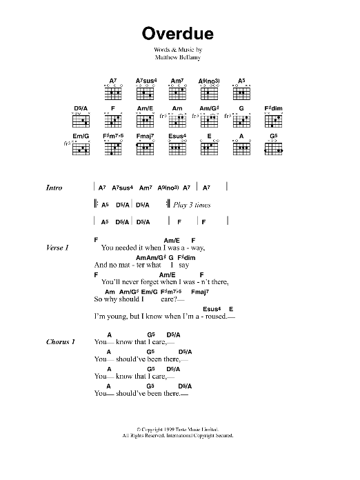 Muse Overdue Sheet Music Notes & Chords for Guitar Chords/Lyrics - Download or Print PDF