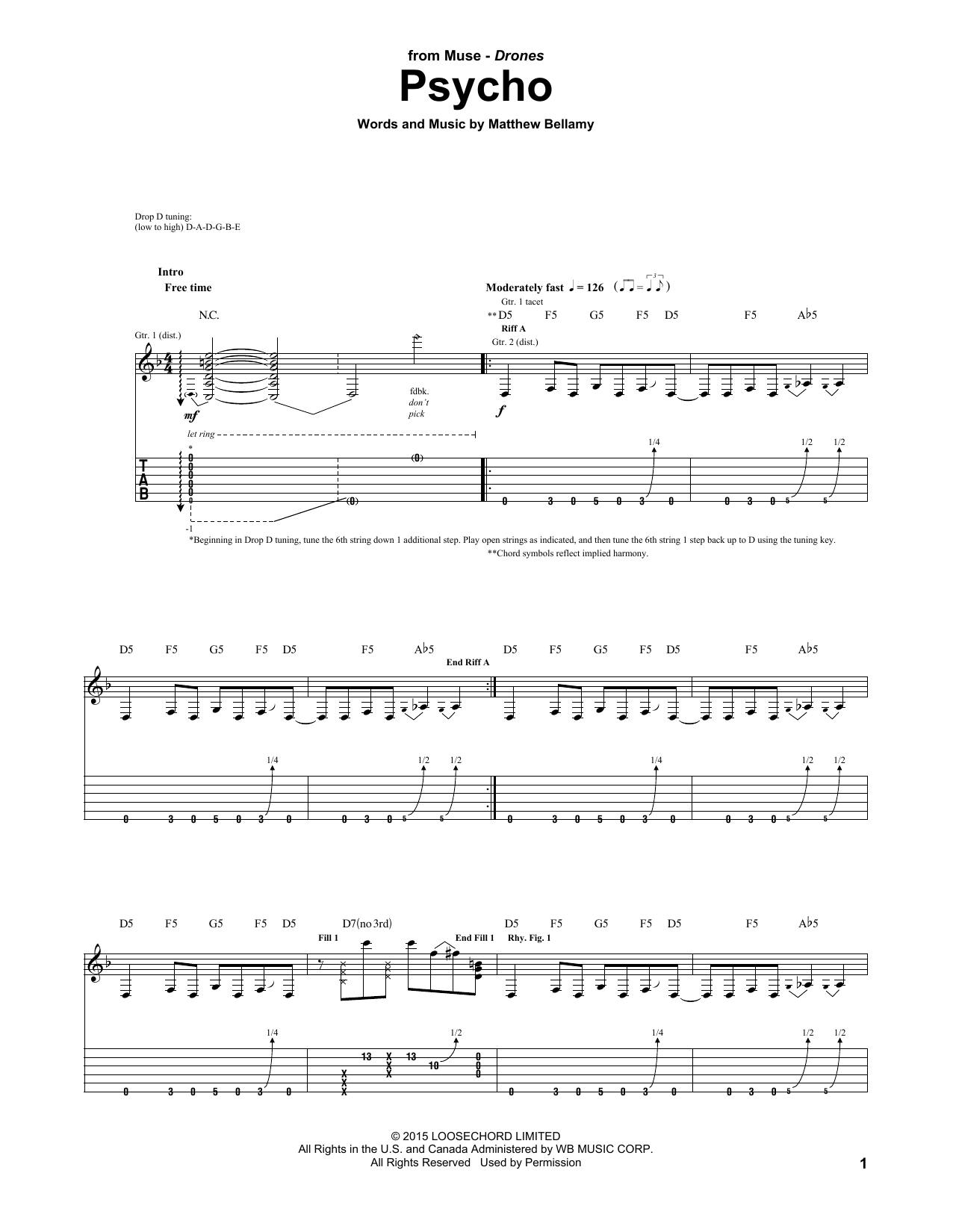 Muse Psycho Sheet Music Notes & Chords for Guitar Tab - Download or Print PDF